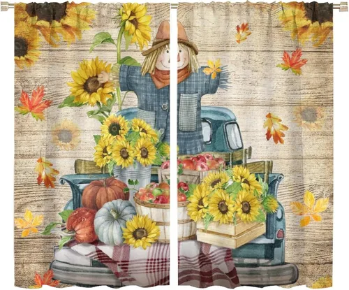 Vista 20 de Divertidas cortinas opacas de calabaza y espantapájaros para sala de estar, rústicas de otoño, hojas de arce, girasol, cosecha de otoño, puesta