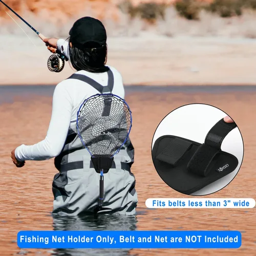 Vista 5 de Cosmos Funda de red de pesca con mosca – Soporte de red de aterrizaje de peces ajustable montado en el cinturón para equipo de pesca y raqueta