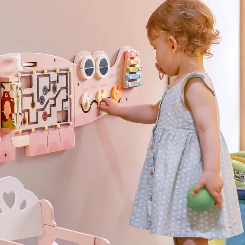 Vista 2 de ROBOTIME Tablero Ocupado de Cocodrilo Paneles de Pared para Niños Pequeños, Tablero de Actividades Sensoriales Montessori Rosa, Centro
