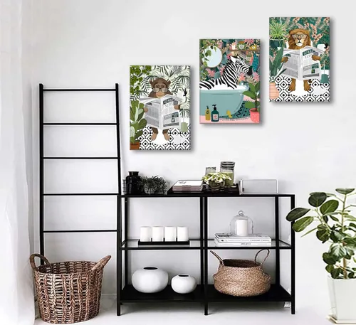 Vista 4 de 3 piezas de lienzo de animales de la selva para baño, arte de pared de cebra en la bañera, imágenes de mono león en el inodoro, lectura