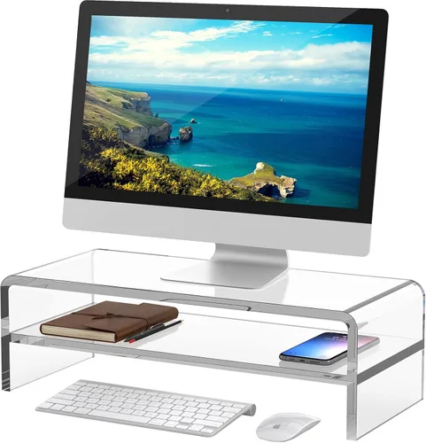 Vista 8 de Egchi Soporte Elevador de Monitor de Acrílico, Soporte Elevador de Monitor de Computadora Transparente de 2 Niveles para Oficina en Casa y Negocios