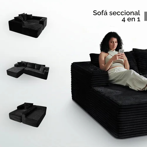 Vista 5 de Sofá modular en forma de L de 106 pulgadas con diván, sofá de pana sin hueso con reposabrazos anchos y portavasos para sala de estar y dormitorio