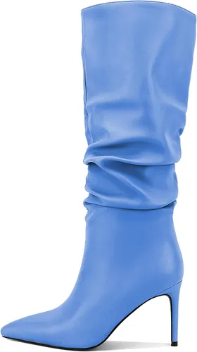 Vista 10 de Zamikoo Botas holgadas de tacón alto para mujer, botas de tacón de aguja altas hasta la rodilla, puntera puntiaguda, elásticas, botas altas de meter