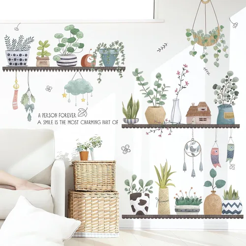 Vista 2 de Calcomanías de pared en maceta con plantas verdes frescas, hojas de sacinora para jardín, calcomanías de pared extraíbles de vinilo para despegar