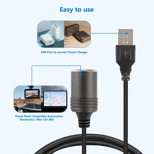 Vista 4 de Cable de alimentación USB A macho a 12 V 8 W, adaptador de enchufe para encendedor de cigarrillos de automóvil, cable convertidor de enchufe