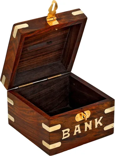 Vista 2 de Ajuny Banco de dinero de madera, hecho a mano, forma cuadrada, decorativa