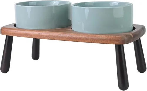 Vista 9 de SPUNKYJUNKY Cuencos elevados de cerámica para perros con soporte de bambú de acacia, juego de cuencos de agua y comida para perros y gatos de 6.1