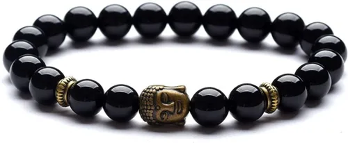 Vista 2 de Domika Pulsera de cuentas de ágata negra con cabeza de Buda y terapia de oración budista OM Juego de pulseras elásticas religiosas