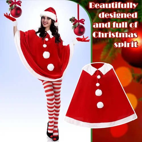 Vista 4 de Janmercy Conjunto de disfraz de Papá Noel, trajes de Navidad con vestido de terciopelocapa, medias altas hasta el muslo, guantes y sombrero de Santa