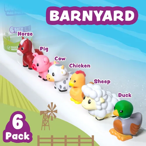 Vista 3 de Tub Works® Barnyard™ - Juguetes de baño sin moho, paquete de 6 Diseño de juguetes de baño sellados y sin agujeros que mantiene la humedad fuera