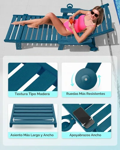 Vista 4 de Chaise Lounge Chair al aire libre con ruedas, silla de patio de gran tamaño con textura de madera, silla de plástico de 5 posiciones para piscina