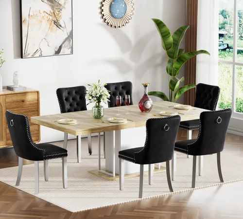 Vista 47 de Juego de mesa de comedor extensible de 5 piezas, juego de mesa de comedor extensible de estilo granja para 4, mesa de cocina expandible de madera