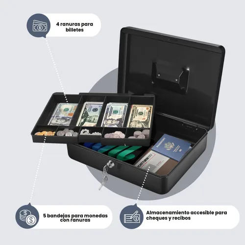 Vista 3 de Caja de Dinero Flexzion con Bandeja de Dinero y Cerradura - Caja de Dinero de Metal para Pequeñas Empresas, Caja de Dinero Negra de 9 Compartimentos