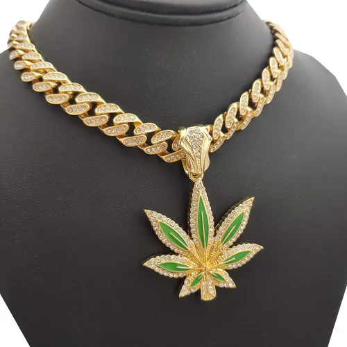 Vista 3 de Colgante de hoja de marihuana Hip Hop y collar de cadena de aleación de gargantilla cubana de 18 pulgadas con cerradura de caja helada, chapado