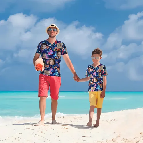Vista 8 de Camisa hawaiana personalizada para hombres con cara, camisas florales tropicales personalizadas con foto de marido Aloha Beach Flower Shirt