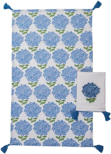 Vista 2 de Two's Company Juego de 2 paños de cocina de hortensias con borlas decorativas - algodón.