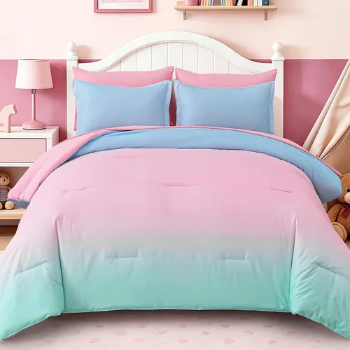 Vista 14 de Dinjoy Juego de edredón de 6 piezas para niñas, juego de ropa de cama colorido de arcoíris degradado tamaño individual, cama en una bolsa para niños