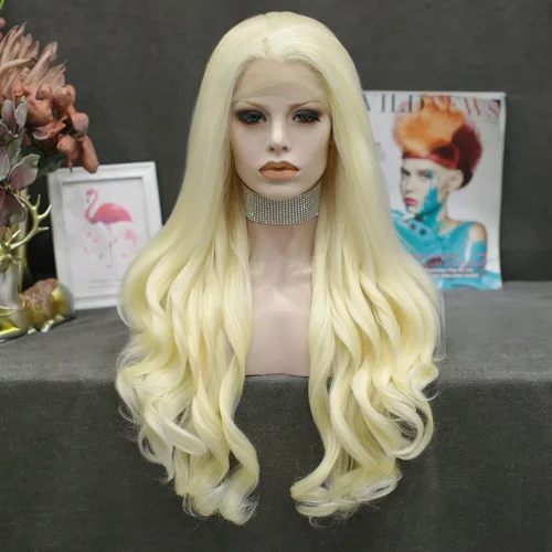 Vista 6 de IMSTYLE Peluca rubia con encaje frontal, pelucas de cabello sintético de onda larga para mujer, línea capilar natural, cabello rubio seguro al Rubio