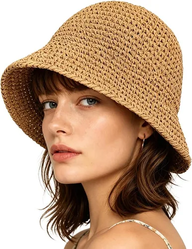 Vista 8 de Women Sun Hat Hand-Woven Packable Beach Bucket Hat Summer Floppy UV Protection Hats Beige