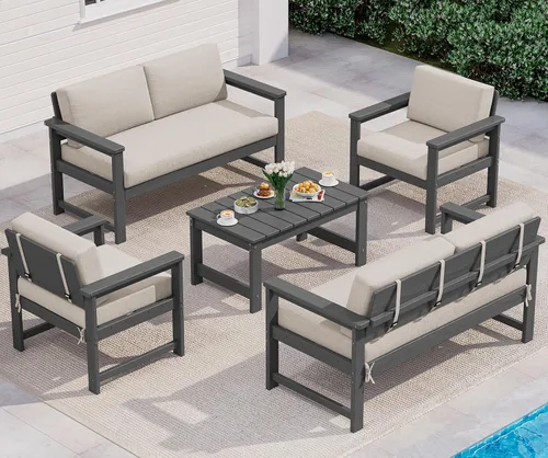 Vista 41 de SERWALL Juego de sofá de 2 piezas de sillón Adirondack acolchado de Marco negro/cojín gris