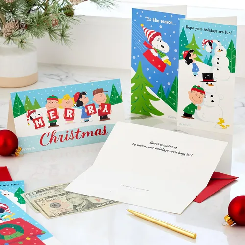 Vista 2 de Hallmark Peanuts - Juego de tarjeteros o portamonedas de Navidad, Charlie Brown y Snoopy (36 tarjetas con sobres)