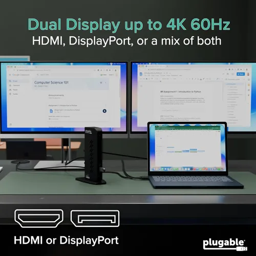 Vista 12 de Plugable Estación de acoplamiento dual DisplayPort y HDMI - Dock USB 3.0 y USB-C para portátil para monitores duales, DisplayLink, Mac
