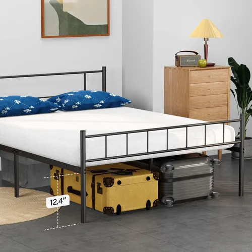 Vista 5 de Base de cama King de 12 pulgadas con cabecero, marco de cama de metal resistente con almacenamiento, base de cama de colchón no necesita somier