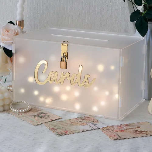 Vista 7 de OurWarm Caja de tarjetas de boda de acrílico esmerilado con cerradura, caja de tarjeta de regalo para boda con tira de luz y bolígrafo, caja