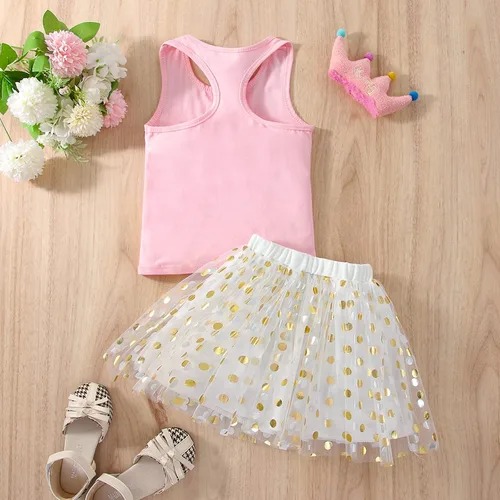 Vista 4 de Toddler Kids Baby Girls Birthday Princess Outfits Dress Vest Sleeveless Shirt Polka Dots Tulle Tutu Skirt 2Pcs