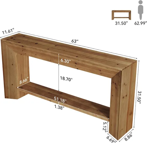Vista 3 de Mesa consola de madera maciza, mesa de entrada de 63 pulgadas con almacenamiento, mesa de sofá de madera larga de 2 niveles detrás del sofá