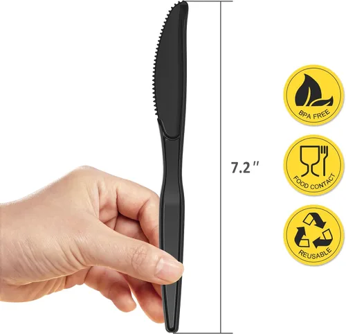 Vista 2 de POSATE Cuchillos de plástico negro, cuchillos de plástico desechables resistentes, paquete de 100, suministros para fiestas