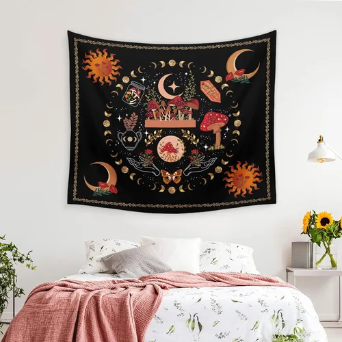 Vista 8 de Ftuency Tapiz de hongos y plantas naturales, tapices de fase lunar, decoración de flores estéticas para colgar en la pared para dormitorio, hogar