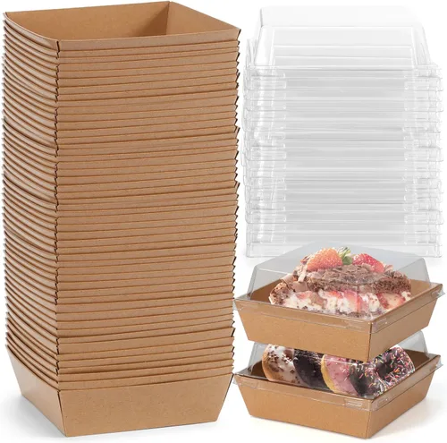 Vista 9 de Mini cajas de charcutería con tapas transparentes, 4.5 x 4.5 pulgadas, paquete de 20 cajas de postre marrones, cajas cuadradas desechables