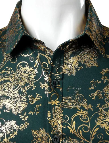 Vista 3 de ZEROYAA - Camisa de lujo para hombre con estampado de cachemira brillante, elegante y ajustada, con botones.