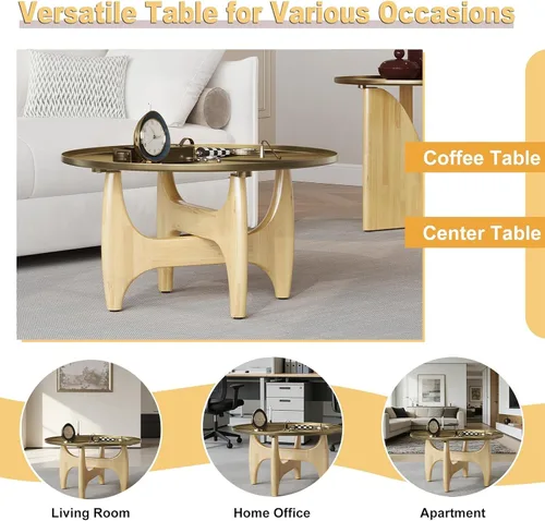 Vista 6 de ACEDÉCOR Mesa auxiliar redonda de 30 pulgadas, mesa central dorada cepillada con bandeja de borde bajo y base de madera maciza en X para sala