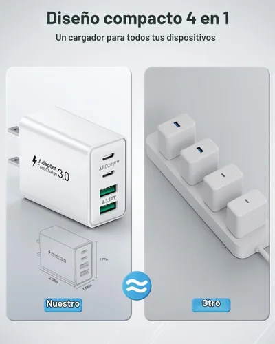 Vista 5 de Paquete de 2 cargadores de carga rápida para iPhone 14 y 13, 40 W, 4 puertos USB C, bloque de cargadores con cable USB C a Lightning de 6 pies