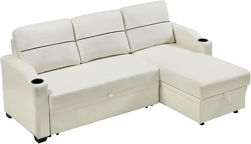 Vista 5 de Sofá modular convertible, moderno sofá de lino de 3 asientos, sofá reversible con diván de almacenamiento en forma de L para espacios pequeños, sala