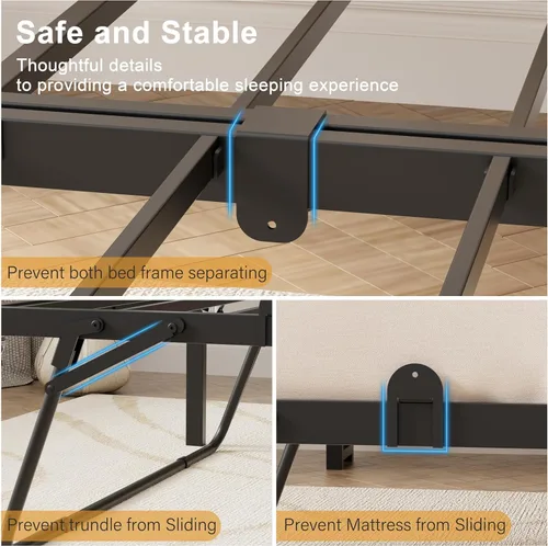 Vista 5 de Sofá cama individual con nido, moderno sofá cama individual, marco de cama de metal resistente con cabecera tapizada para sala de estar, dormitorio
