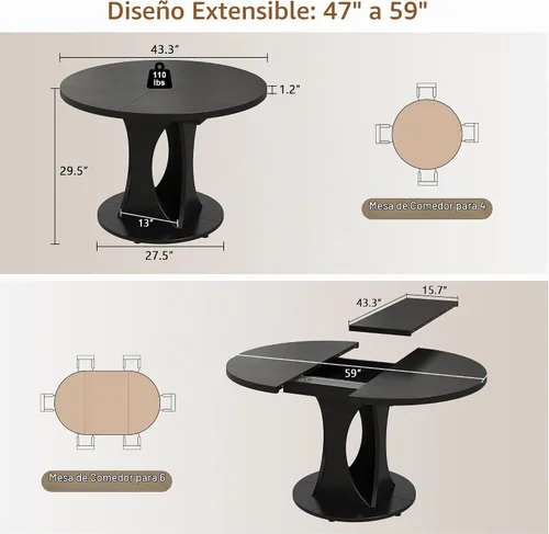 Vista 2 de iPormis Mesa de comedor extensible de 43 a 59 pulgadas, mesa de cocina redonda con pedestal de arcos modernos, mesa de comedor ovalada con hojas