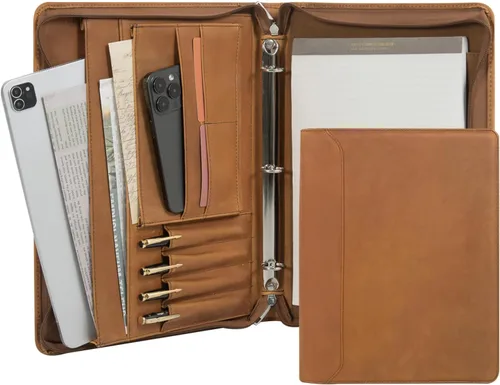 Vista 10 de Portafolio Personalizado de Cuero con Nombre Grabado, Organizador de Negocios Profesional con Cremallera para Hombres, Carpeta de Anillas