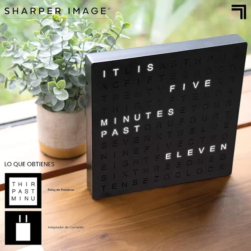 Vista 5 de Sharper Image Reloj Digital de Palabras LED, 7.75", Acabado Negro, Reloj de Escritorio y Pared Iluminado, Pantalla de Tiempo Moderna, Estante