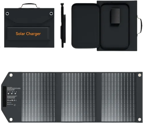 Vista 13 de Cargador solar portátil de 30 W, panel solar plegable con USB C y USB A 18 V MC4 DC para camping, mochilero, viajes, carga rápida para iPhone, LG