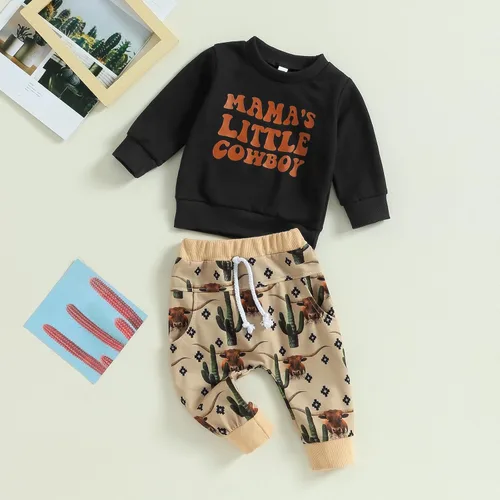 Vista 2 de Gueuusu Ropa occidental para bebé niño, sudadera con estampado de vaca, pantalones deportivos con cordón de ajuste, 2 piezas, trajes de otoño e