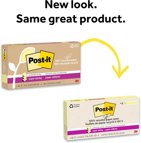 Vista 8 de Post-it Notas superadhesivas 100% recicladas, 3 x 3 pulgadas, amarillo canario, 6 blocs