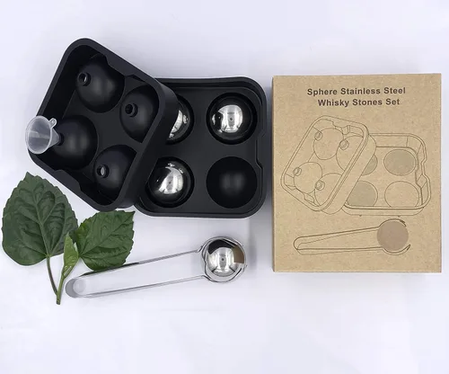 Vista 7 de Piedras de whisky de acero inoxidable, rocas para enfriar bebidas, bolas de hielo reutilizables de acero inoxidable con bandeja de bolas de hielo