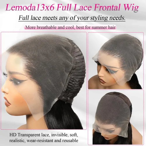 Vista 2 de Lemoda 13x6 Pelucas de encaje frontal completas de cabello humano 200% de densidad, peluca lacia HD con encaje frontal transparente de 13x6
