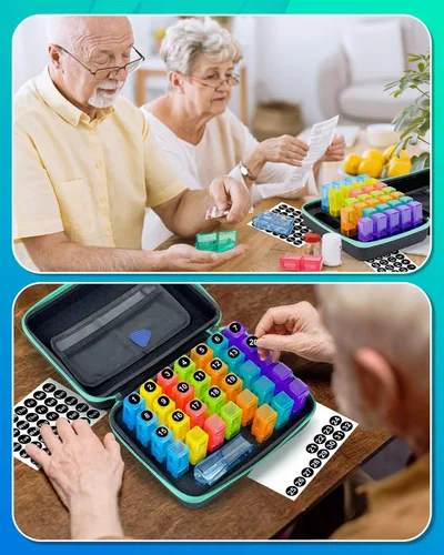 Vista 8 de Organizador de pastillas mensual 2 veces al día, con funda dura portátil, cortador de pastillas, caja de 31 días, palillo de apertura de plástico