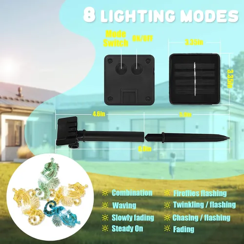 Vista 5 de Guirnalda de luces solares de caballito de mar para exteriores, luz solar decorativa de hadas para decoración de jardín exterior, impermeable