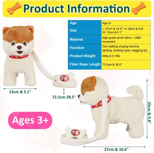 Vista 4 de Marsjoy Juguete de perro musical que camina y baila con correa - Animal de peluche interactivo para niños y niñas Pomerania