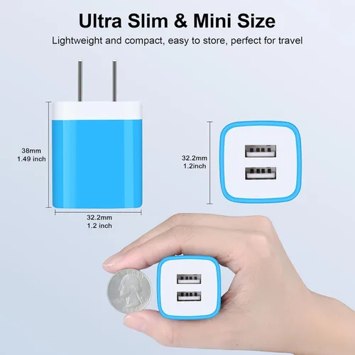 Vista 7 de Bloque de cargador de pared, enchufe de pared USB, paquete de 3 cubos de carga rápida USB doble cargador de teléfono celular, adaptador de corriente